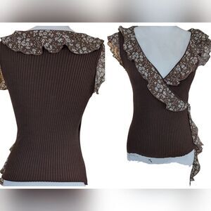 Brown Ribbed Floral Trim Wrap-Style Blouse